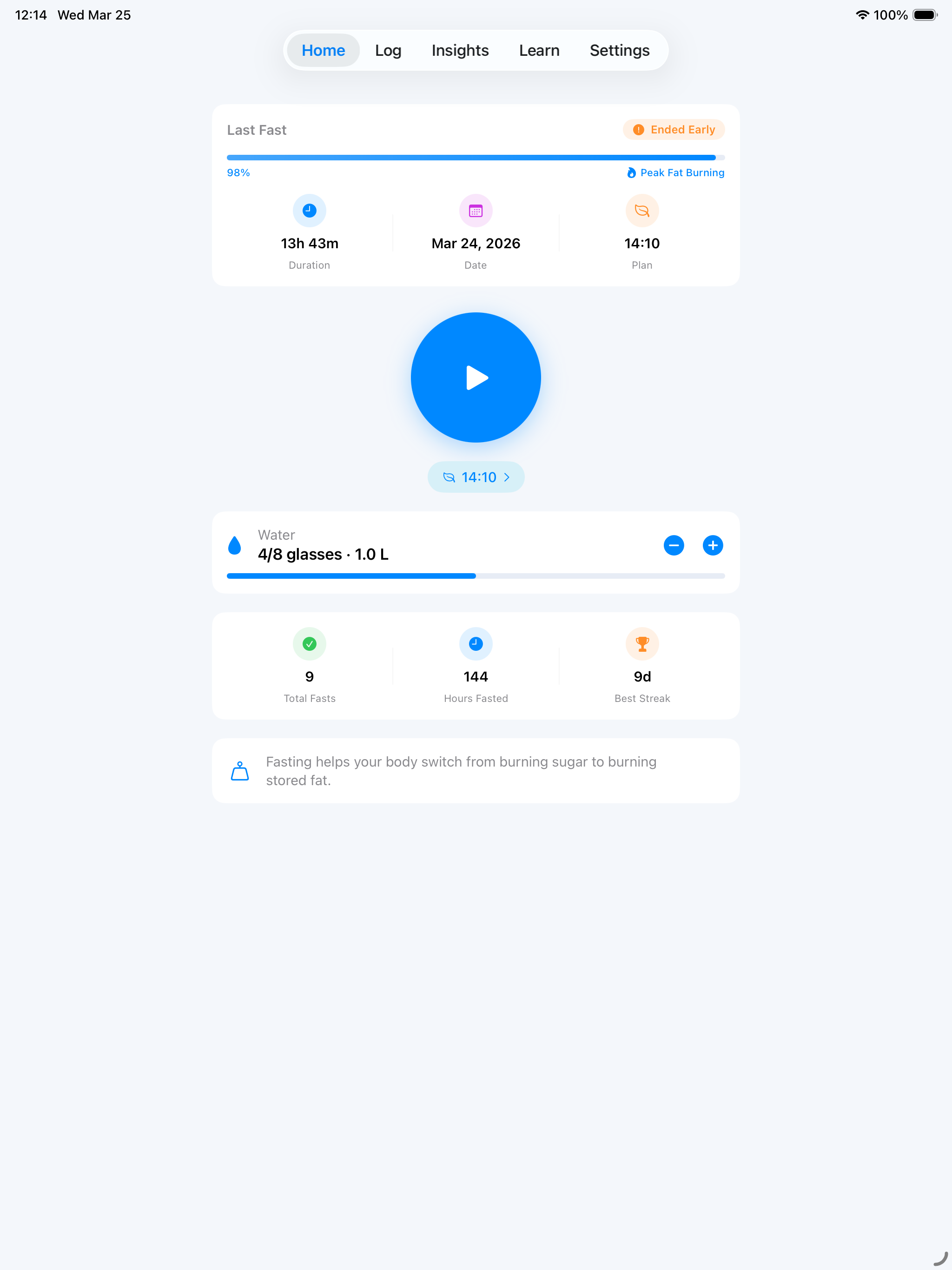 FastSloth App Store preview on iPad showing an active fasting timer