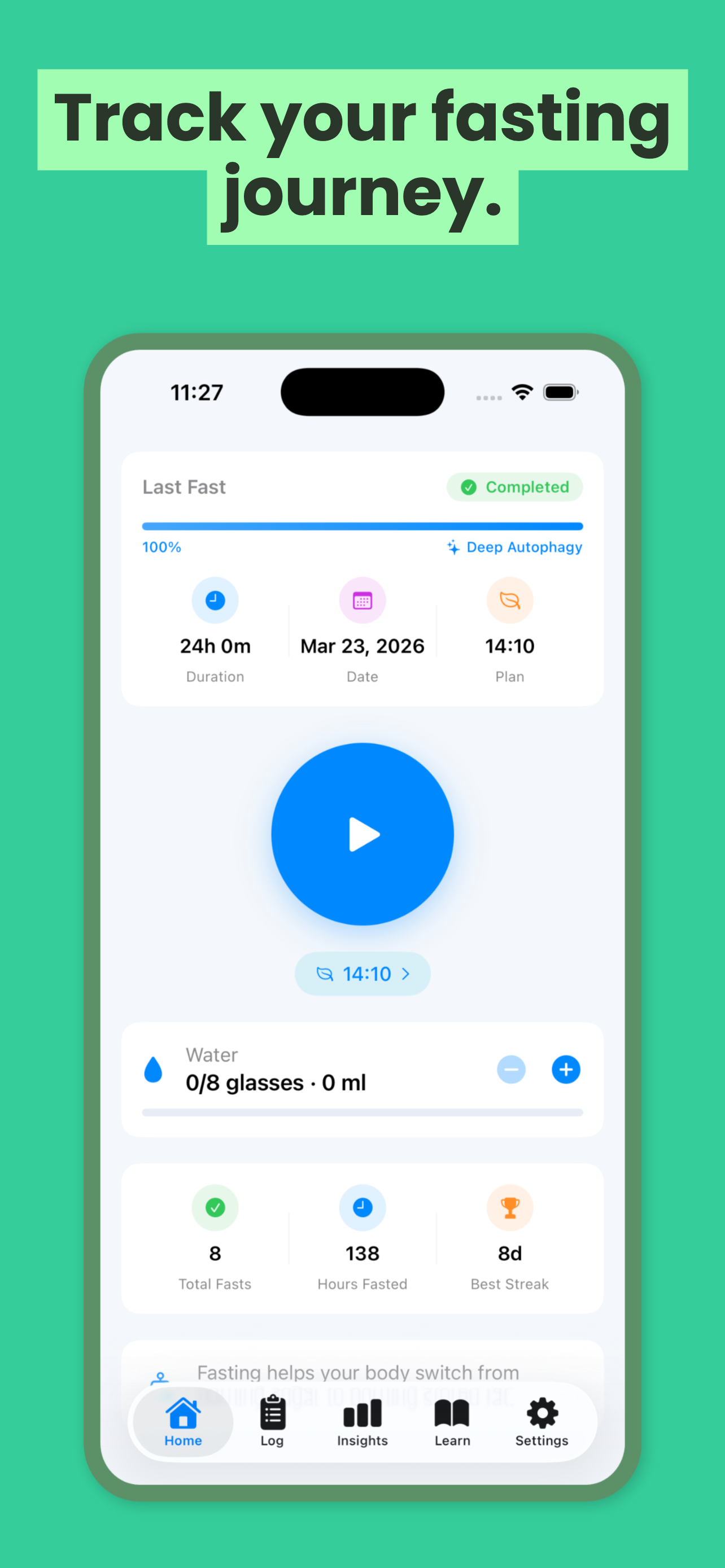 FastSloth App Store preview on iPhone showing the main fasting dashboard and hydration tracking