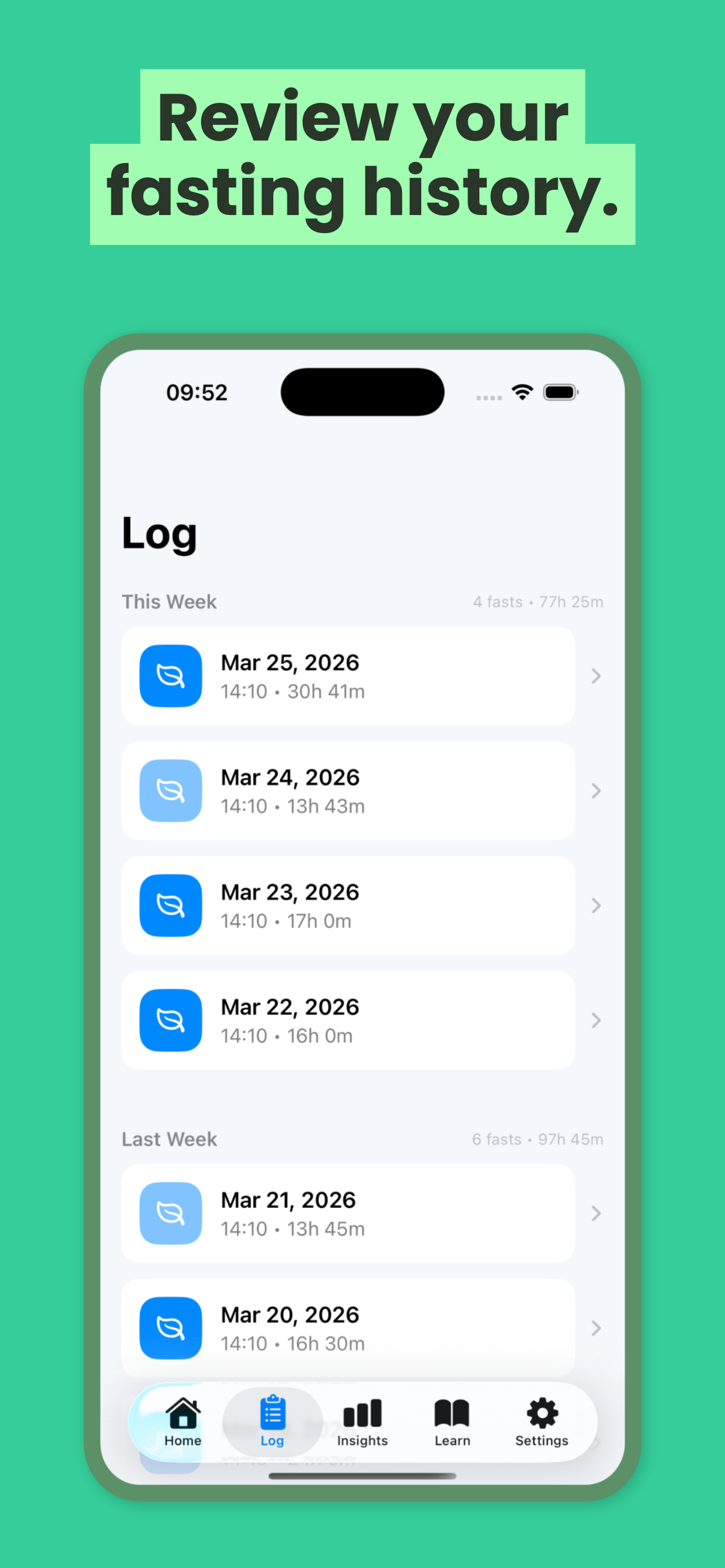 FastSloth App Store screenshot on iPhone showing the fasting history log