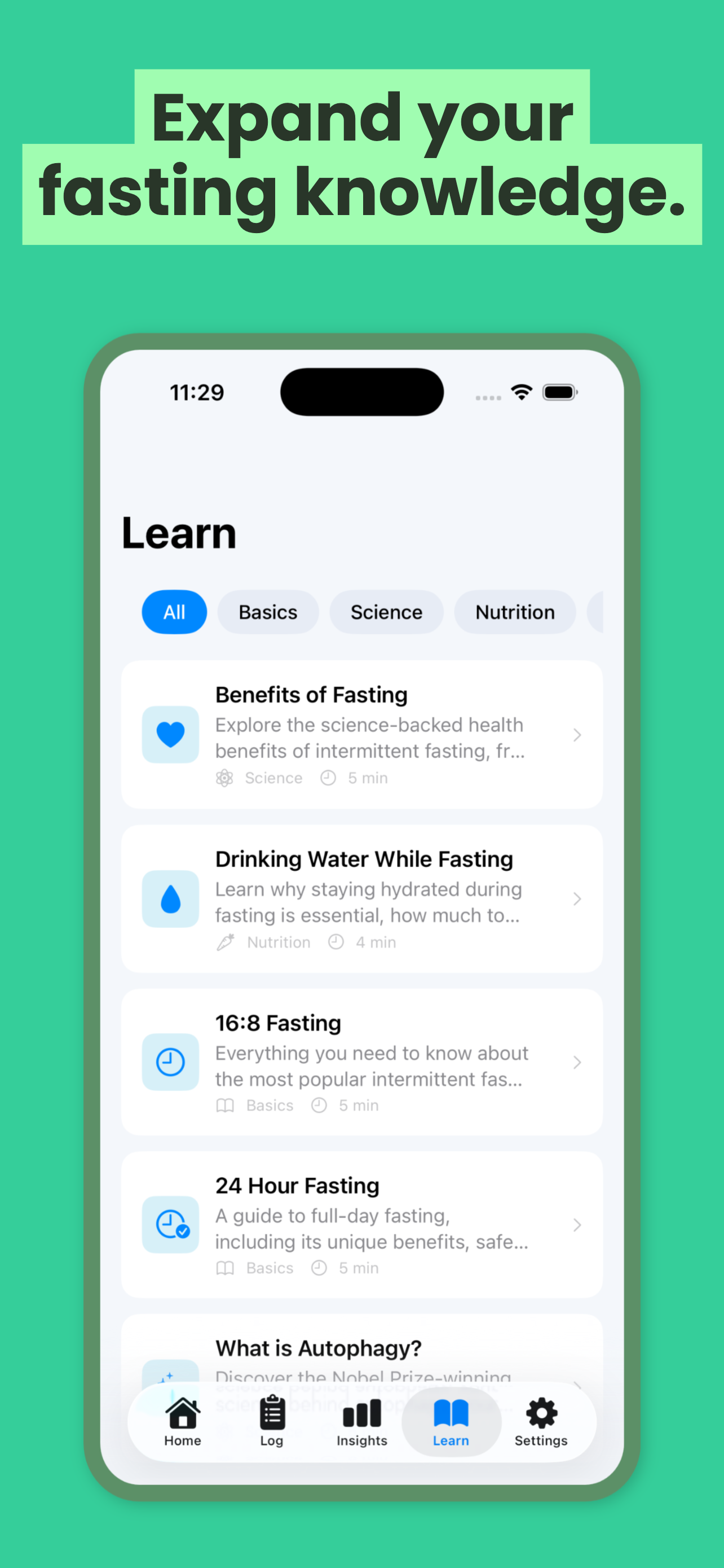 FastSloth App Store screenshot on iPhone showing fasting education articles